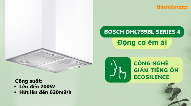 Động cơ êm ái Máy hút mùi âm tủ Bosch DHL755BL Series 4
