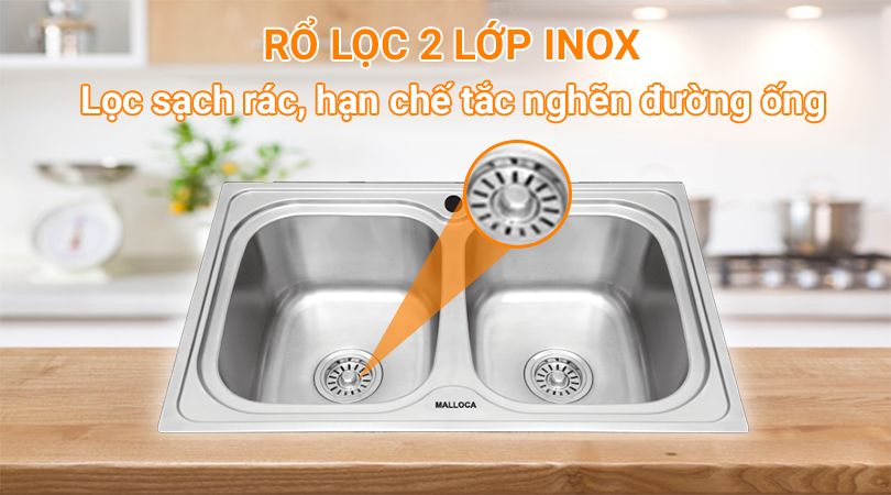 Chậu rửa chén Malloca - Rổ lọc rác 2 lớp tiện lợi