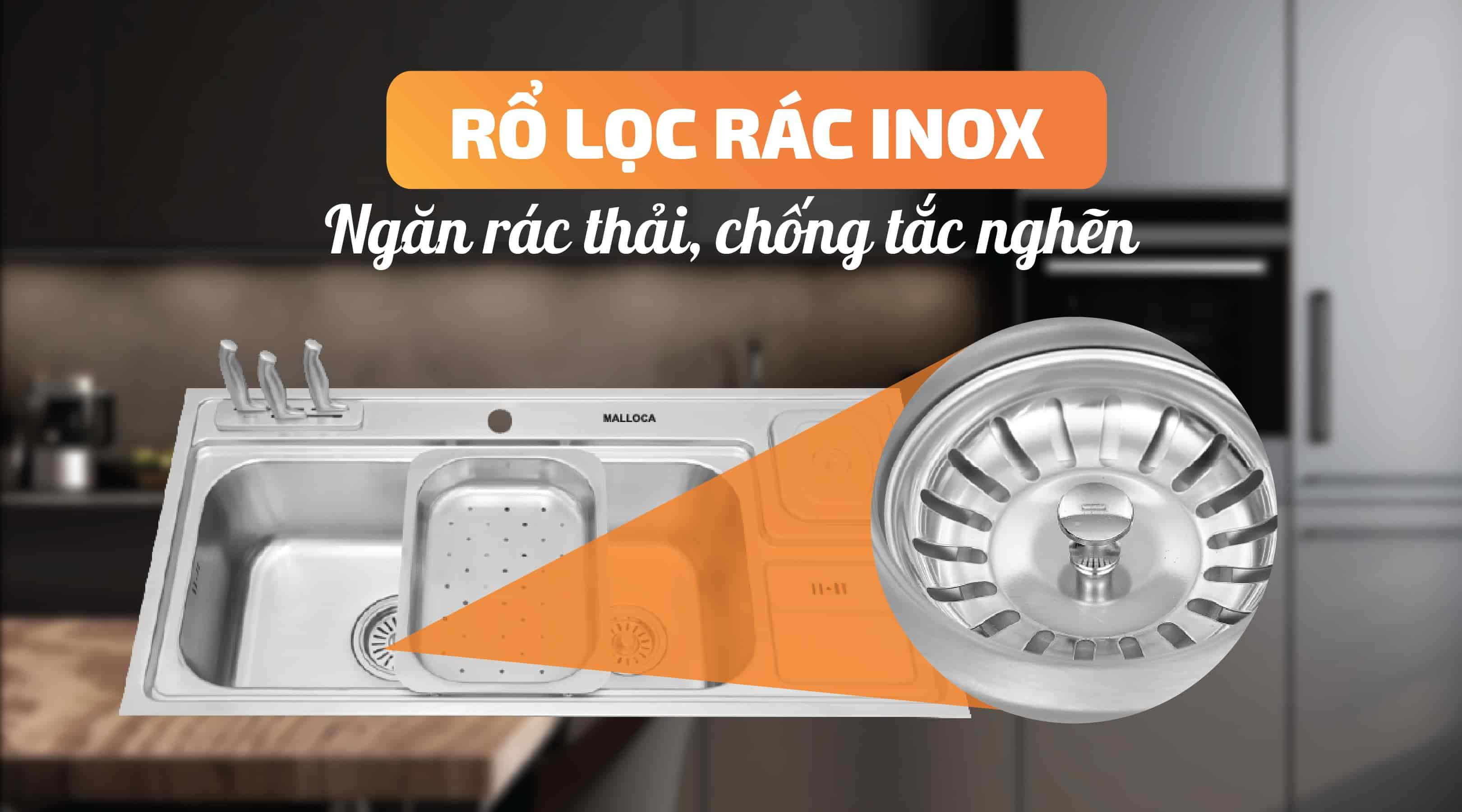 Chậu rửa chén Malloca MS 8809 - Rổ lọc rác bằng Inox