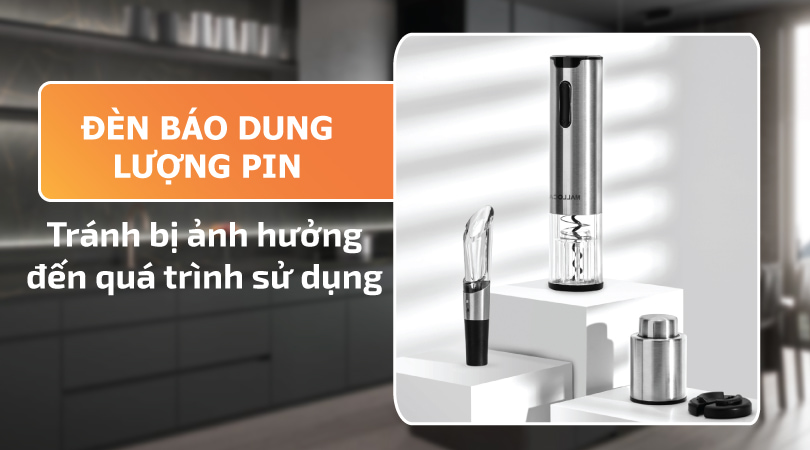 Bộ dụng cụ khui rượu Malloca MWO-KP3 - Đèn báo dung lượng pin